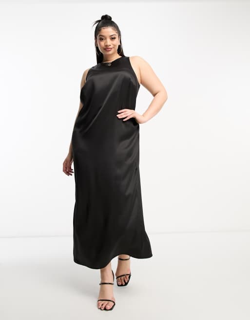 ASOS DESIGN Curve racer neck satin midi dress in black