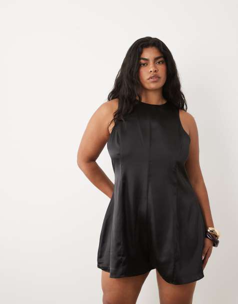 ASOS DESIGN Curve racer satin playsuit in black - view 1