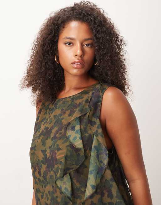 ASOS DESIGN curve racer shift dress with ruffles in green abstract print, 3 of 4