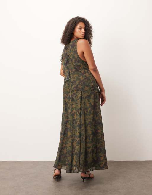 ASOS DESIGN curve racer shift dress with ruffles in green abstract print, 4 of 4