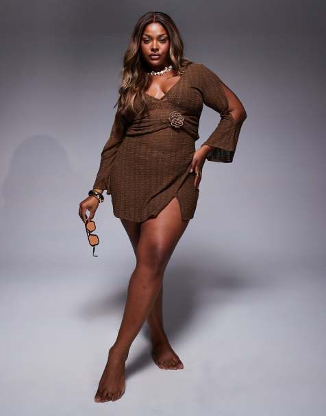 ASOS DESIGN Curve - Raffi - Robe courte à décolleté plongeant - Marron foncé - view 1