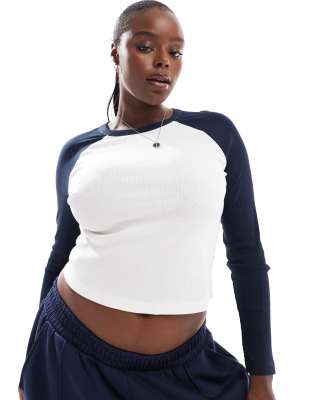 ASOS DESIGN Curve raglan long sleeve top in navy and white-Multi