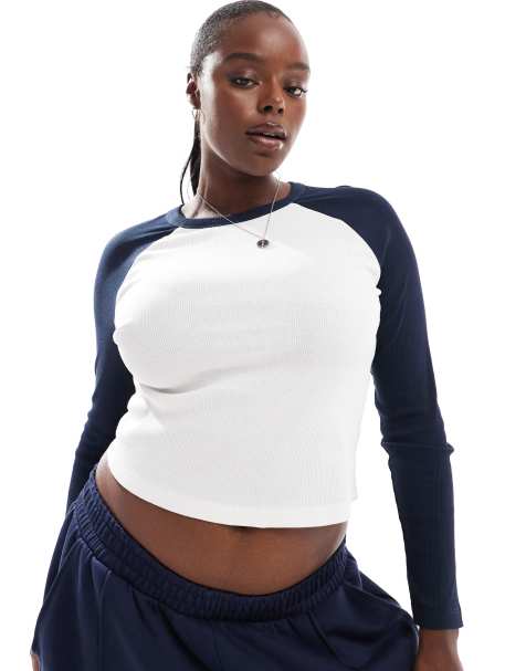 ASOS DESIGN Curve raglan long sleeve top in navy and white - view 1