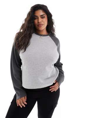 ASOS DESIGN Curve raglan long sleeve top in waffle in charcoal and gray