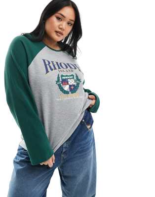 ASOS Design Curve – Raglan-Oberteil in Grau meliert mit Rhode-Island-Grafik und Waffelstruktur
