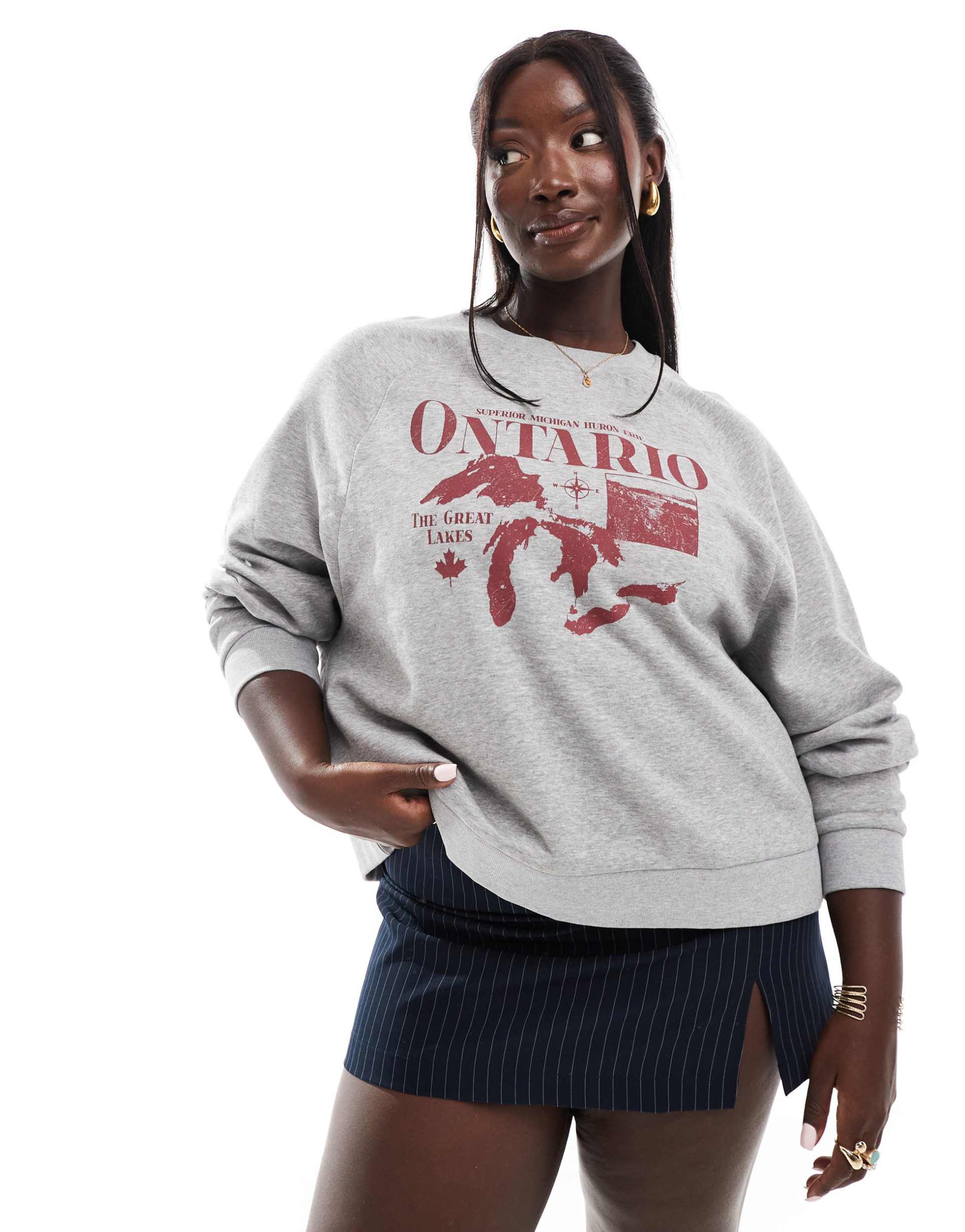 asos design curve raglan oversized sweat with ontario graphic in gray heather