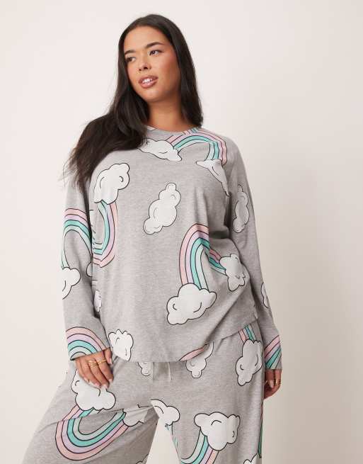 ASOS DESIGN Curve rainbow long sleeve top & pants pajama set in gray heather