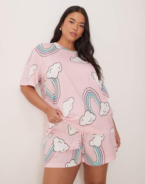 ASOS DESIGN Curve rainbow oversized tee & short pyjama set in pink - view 1