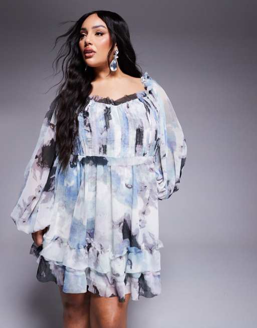 ASOS DESIGN Curve raw edge corset mini dress with blouson sleeves in blurred  print, 2 of 4