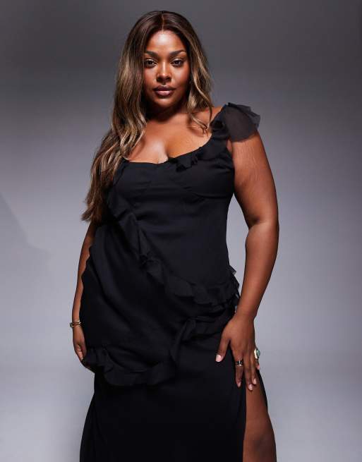 ASOS DESIGN Curve raw edge frill maxi dress with tie back in black