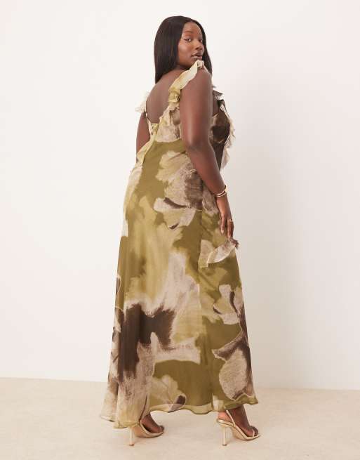ASOS DESIGN Curve raw edge frill maxi dress with tie back in khaki