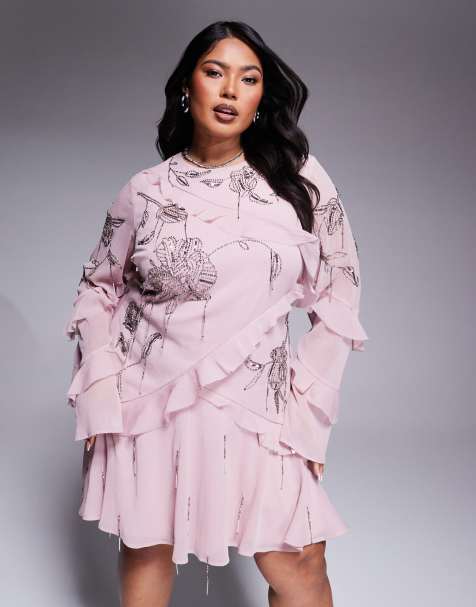 ASOS DESIGN Curve raw edge ruffle embellished mini dress with open back in dusky pink - view 1