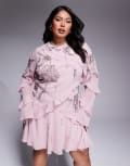 [ASOS Curve] ASOS DESIGN Curve raw edge ruffle embellished mini dress with open back in dusky pink 30 Dusky pink