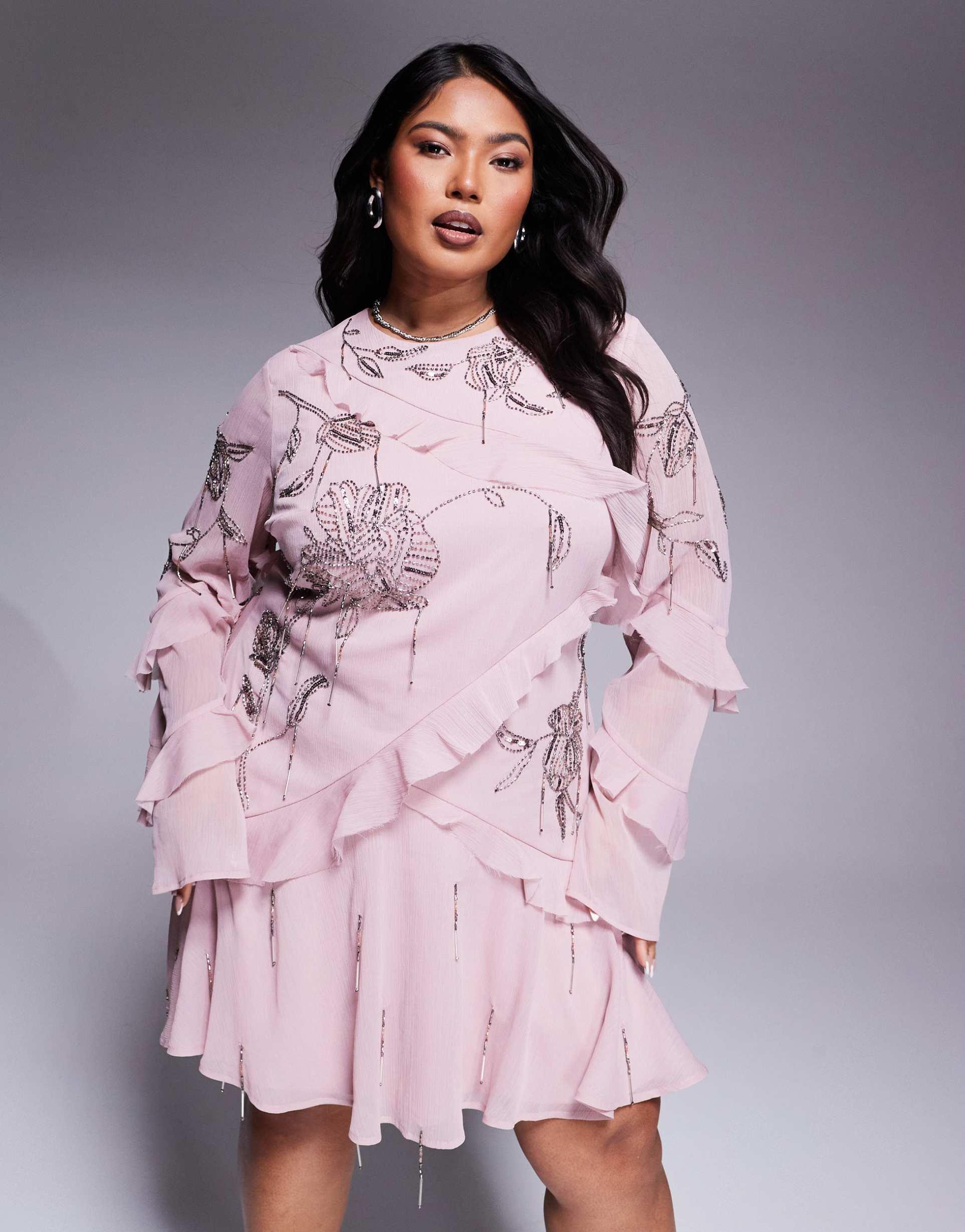 asos design curve raw edge ruffle embellished mini dress with open back in dusky pink