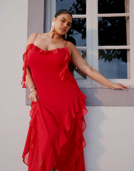 ASOS DESIGN Curve - Rød maxikjole i chiffon med tekstur og flæser, 3 af 4