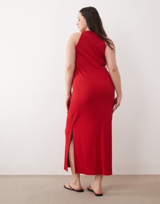 ASOS DESIGN Curve - Rød midikjole med dyb rund hals og racer-sømdetaljer foran, 4 af 4