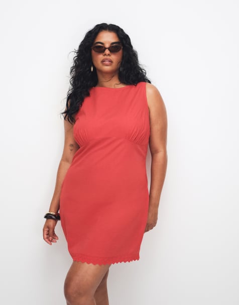 ASOS DESIGN Curve - Rød mini-sommerkjole med bred halsudskæring og skulptureret bryst samt kanter i broderie anglaise - view 1