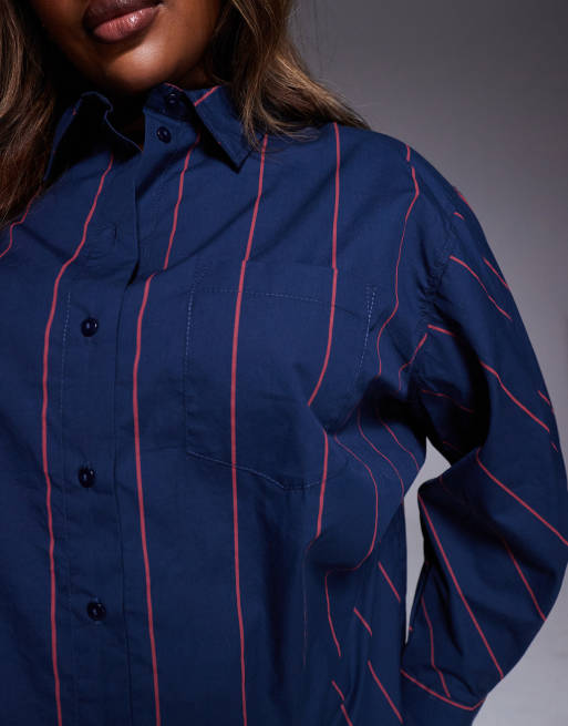 ASOS DESIGN Curve - Rød- og blåstribet og oversized skjorte med indsyningsdetalje, 3 af 4
