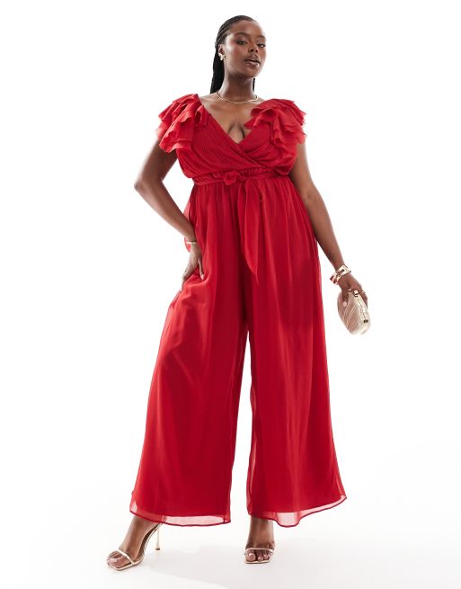 ASOS DESIGN Curve - Rødt jumpsuit med flæser, slå-om-snit foran og bindebånd i taljen