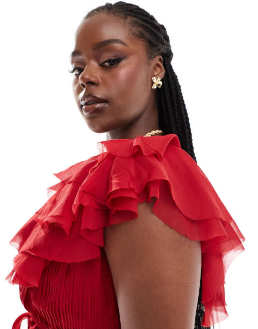 ASOS DESIGN Curve - Rødt jumpsuit med flæser, slå-om-snit foran og bindebånd i taljen, 2 af 4