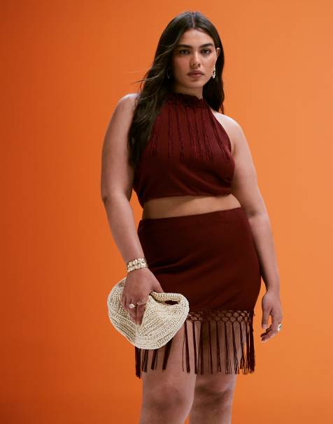 ASOS DESIGN Curve co-ord fringed halter neck top in rust