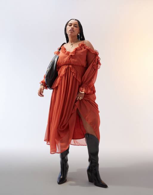 ASOS DESIGN Curve – Rdzawoczerwona sukienka midi z odsłoniętymi ramionami i falbankami