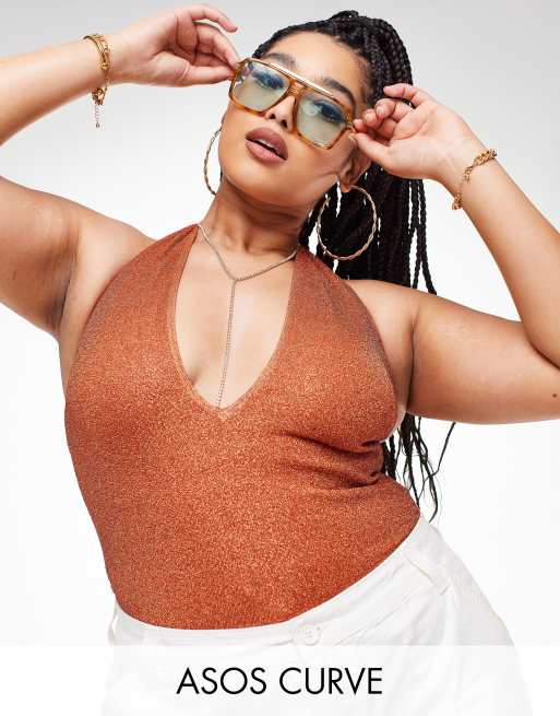 ASOS DESIGN Curve – Rdzawy brokatowy kostium kąpielowy z regulowanymi wycięciami u dołu i dekoltem halter – COPPER