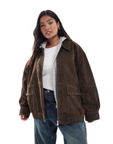 ASOS DESIGN Curve real suede oversized bomber jacket in dark mocha - view 1