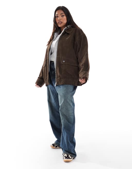 ASOS DESIGN Curve real suede oversized bomber jacket in dark mocha