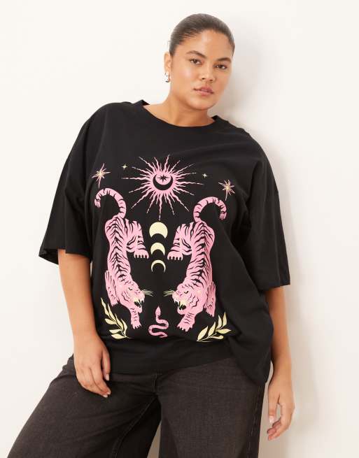 ASOS DESIGN Curve - Recht oversized T-shirt met grafische tijgerprint in zwart