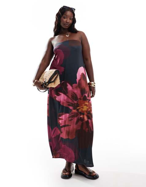 ASOS DESIGN Curve - Rechte midi bandeau-jurk met oversized bloemenprint - view 1