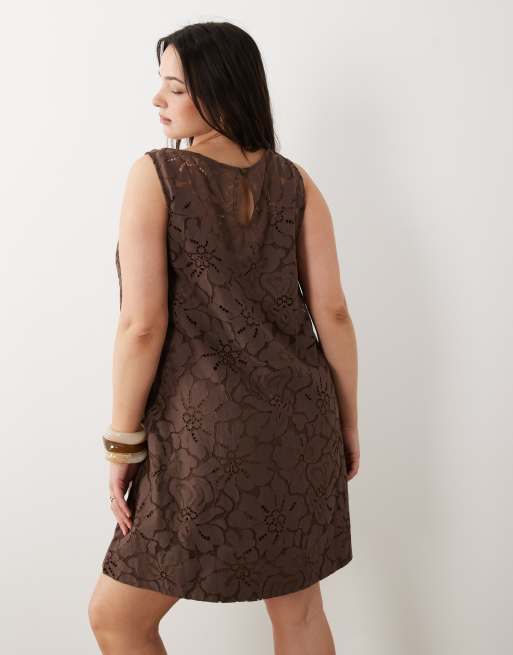 ASOS DESIGN Curve - Rechtvallende mini jurk van kant in chocoladebruin, 4 van 4