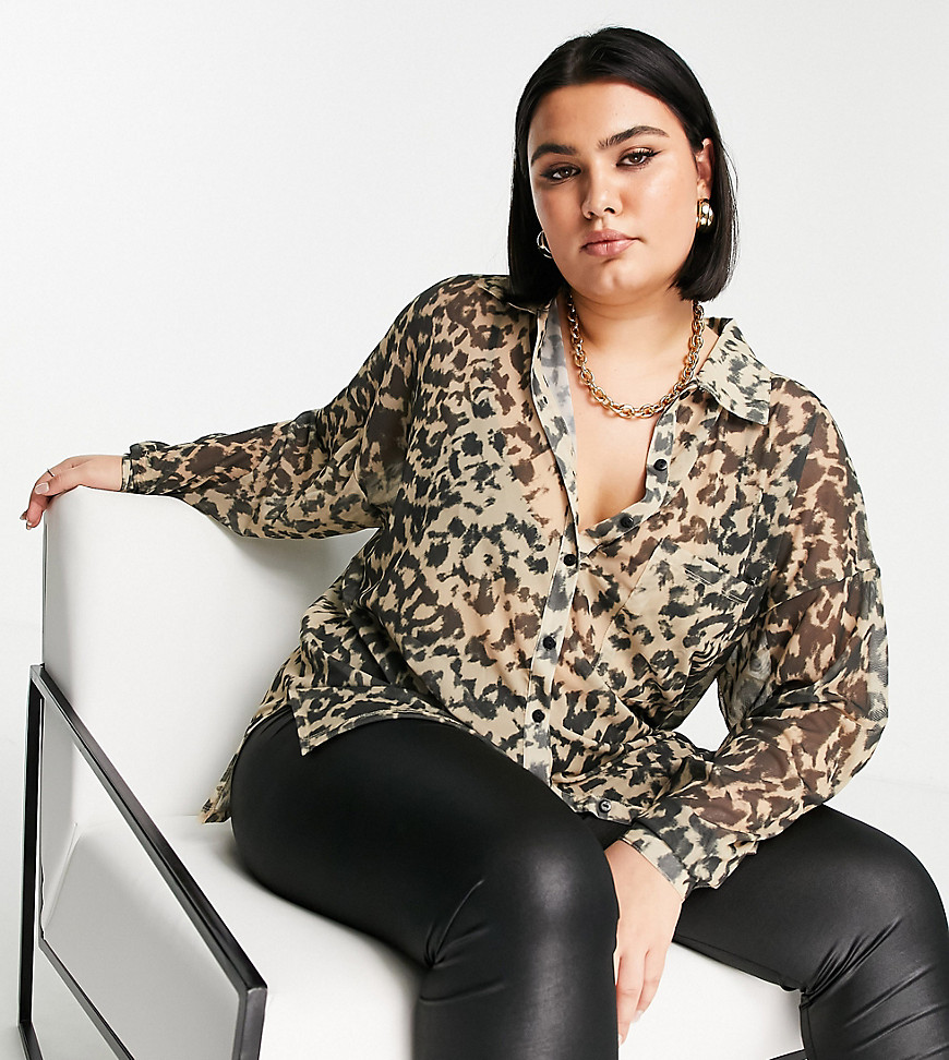 ASOS DESIGN Curve recycled blend oversized mesh button shirt in animal print-Brown