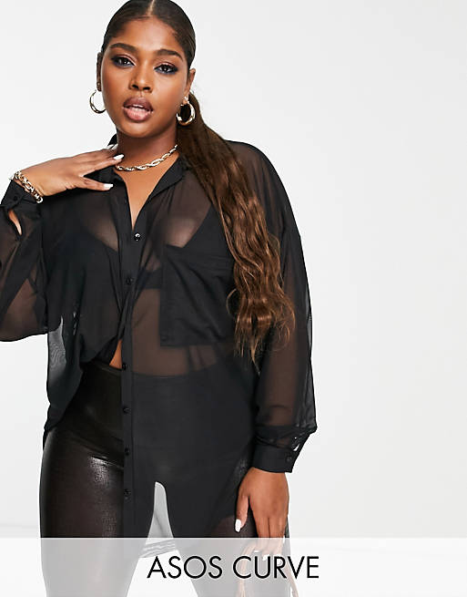 Tops Shirts & Blouses/Curve recycled blend oversized mesh shirt in black 