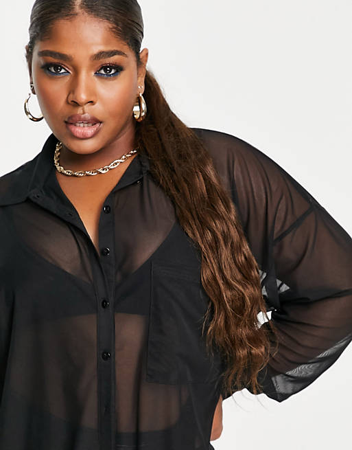 Tops Shirts & Blouses/Curve recycled blend oversized mesh shirt in black 