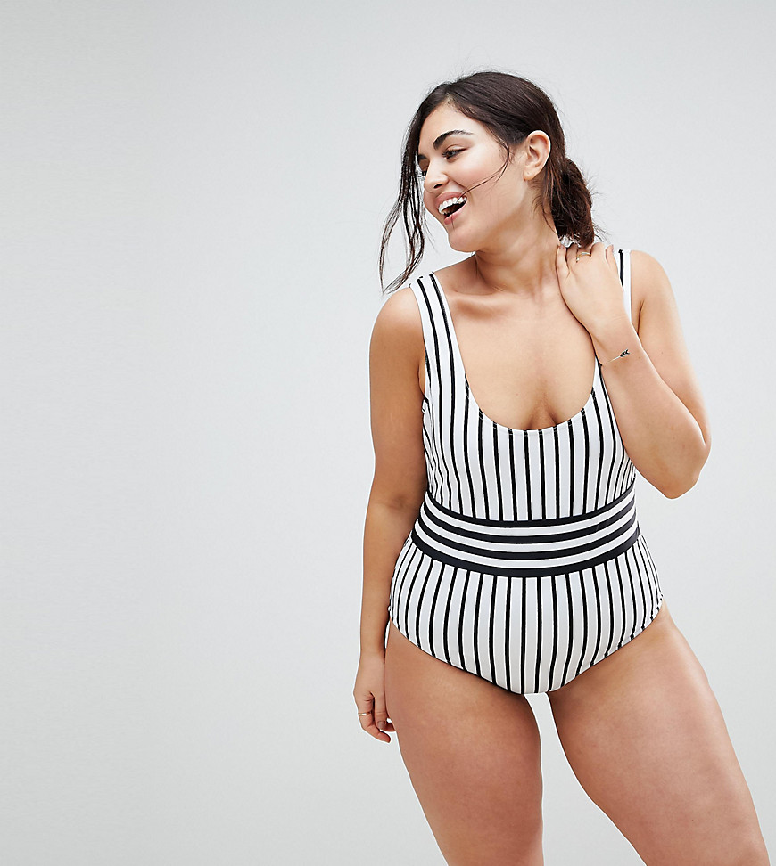 ASOS DESIGN Curve recycled contrast mono stripe swimsuit-Multi