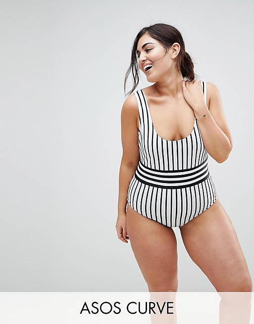 ASOS DESIGN Curve recycled contrast mono stripe swimsuit