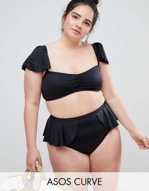 ASOS DESIGN curve floaty cap sleeve bikini in black, 2 of 3