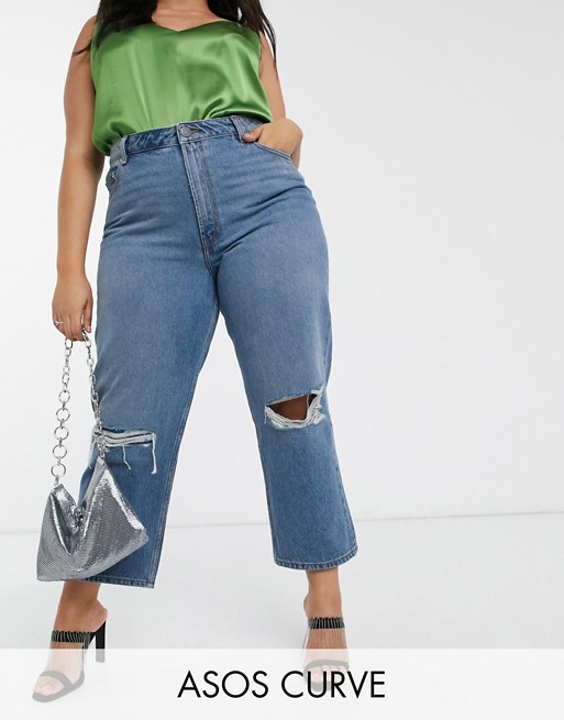 ASOS DESIGN Curve recycled florence authentic straight leg jeans in extreme aged mid blue with ripped knees
