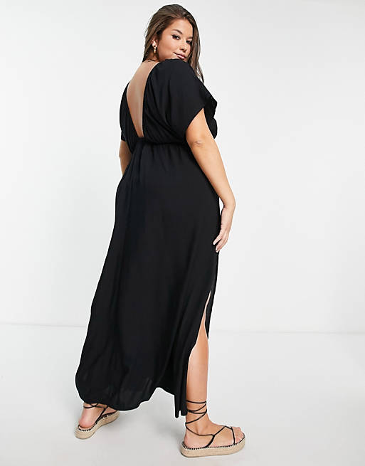 Dresses Curve recycled flutter sleeve maxi beach dress in black 