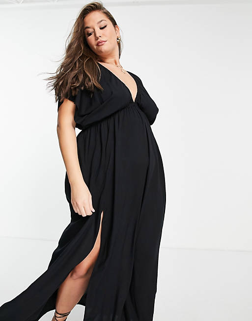 Dresses Curve recycled flutter sleeve maxi beach dress in black 
