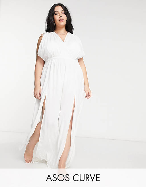 Dresses curve recycled gathered detail maxi beach dress in white 
