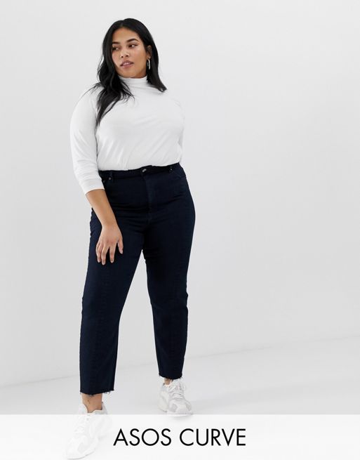 Asos Design Curve Recycled High Rise Farleigh Slim Mom Jeans In Dark Wash Blue With Front Seam