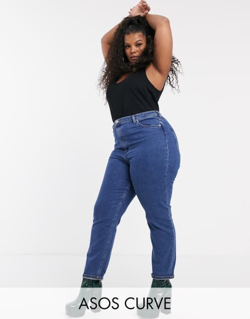 ASOS DESIGN Curve recycled rise farleigh 'slim' mom jeans mid wash blue |