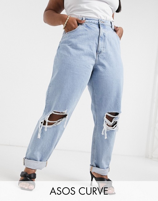 ASOS DESIGN Curve high rise 'slouchy' mom jeans in lightwash with rips