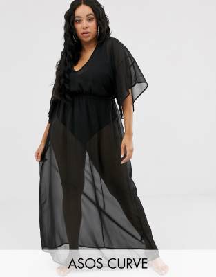 ASOS DESIGN Curve recycled kimono sleeve tie back chiffon maxi beach dress in black