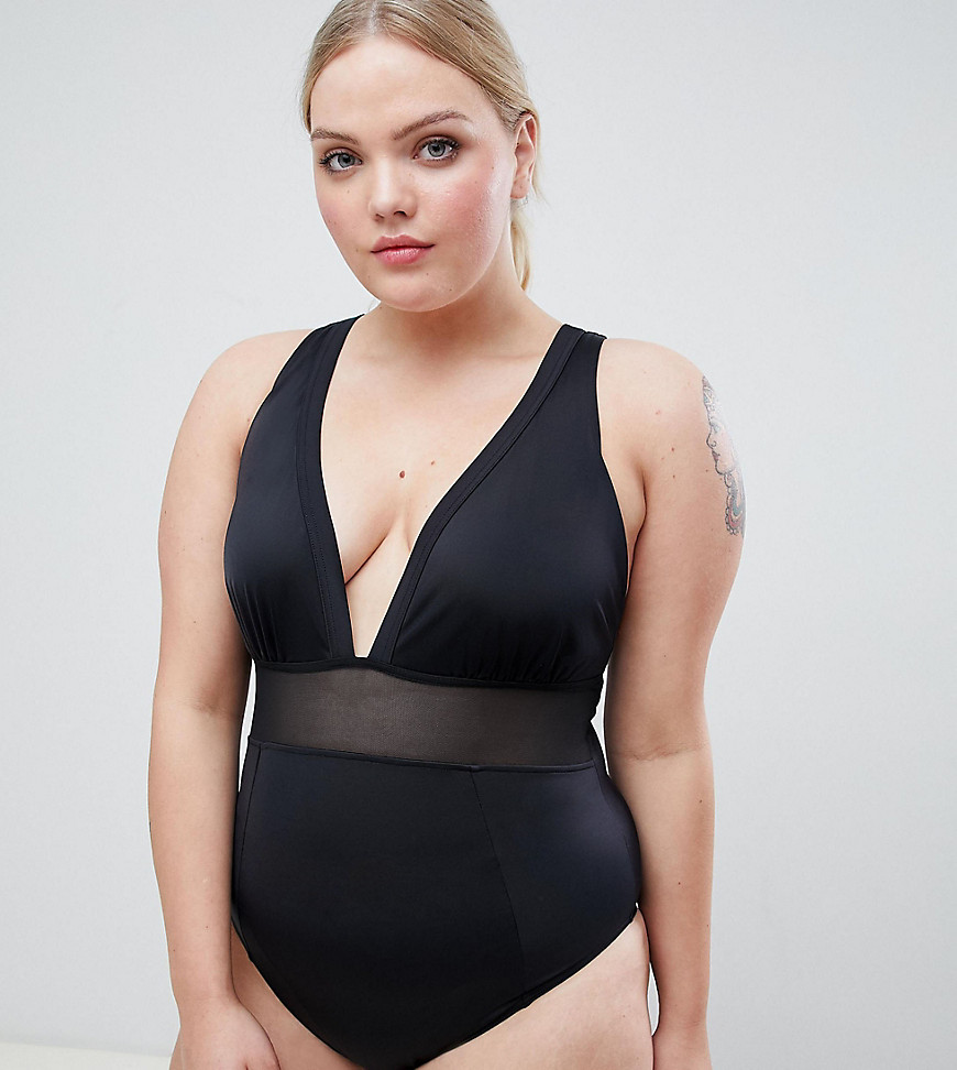 ASOS DESIGN Curve recycled mesh insert swimsuit in black