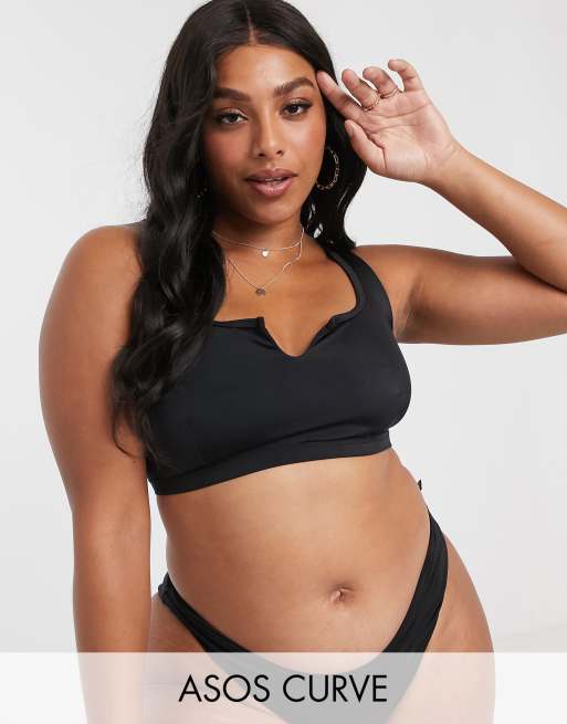 Asos Design Curve Recycled Mix And Match Crop Bikini Top With Notch In Black Asos