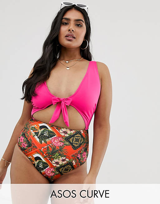 ASOS DESIGN Curve recycled tie front color block cut out swimsuit in tropical chain print