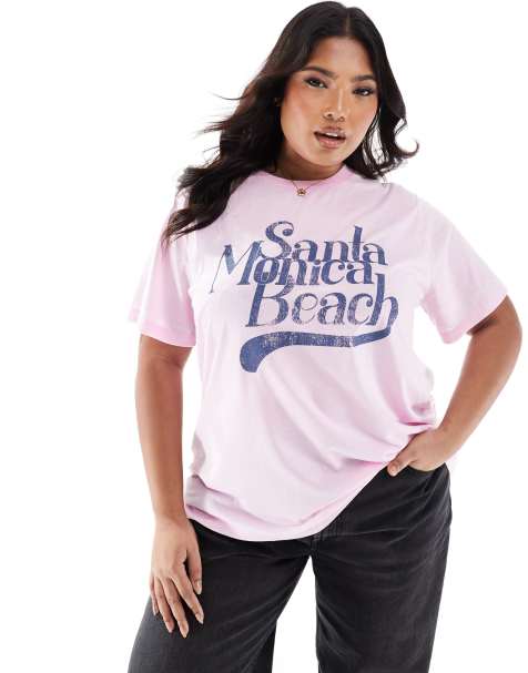 ASOS DESIGN curve regular fit t-shirt in burn out with Santa Monica beach graphic in pink - view 1